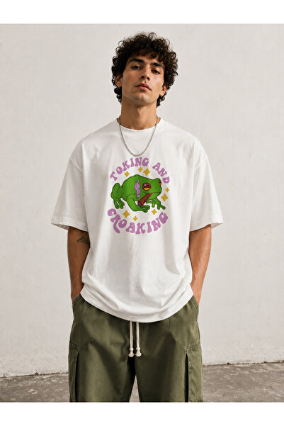 Oversize Tişört – Toking And Croaking Grafik Baskılı Krem Unisex