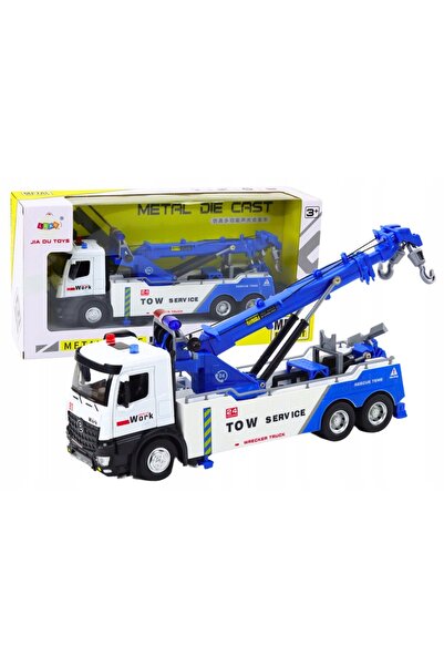 LeanToys Camion cu macara, două cârlige, metalic, alb-albastru, lumini, sunete