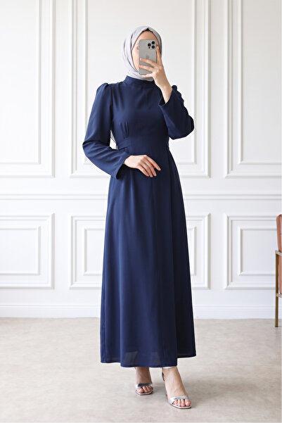 MODAQU Tie-Waist Long Dress with Back Zipper - Dark Navy Blue