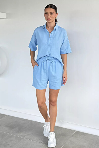 Aryena Blue Women's Linen Shirt Shorts Two-Piece Set