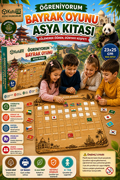 kutuTR Öğreniyorum Bayrak Oyunu Asya Kıtası Ahşap Montessori Eğitici Oyun 54 ...