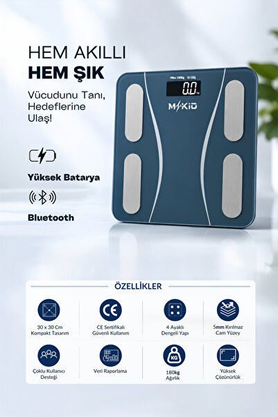 MKIO Akıllı Bluetooth Baskül - Büyük Boy Tartı 30cm - Yağ Su Kas Vücut Kitle ...