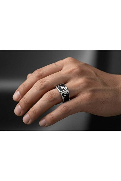 AK JEWELS 925 Sterling Silver Men's Enamel Ring with Black Geometric Inlay – Modern Men's Style Band