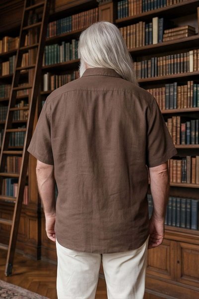 Starbattal Men's Large Size Short Sleeve Pocketless Linen Shirt 11310 Dark Brown