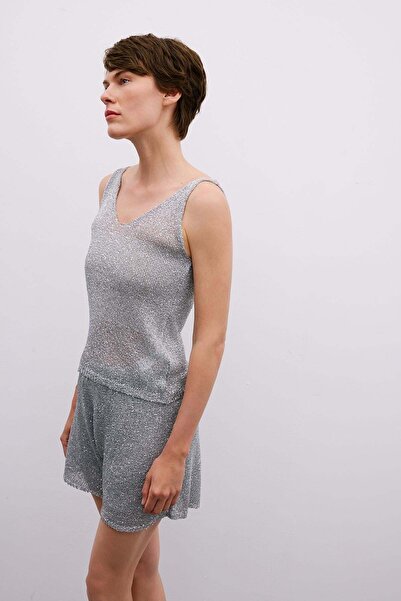 Rue Studio Gümüş Payetli V Yaka Rahat Gri Crop Bluz