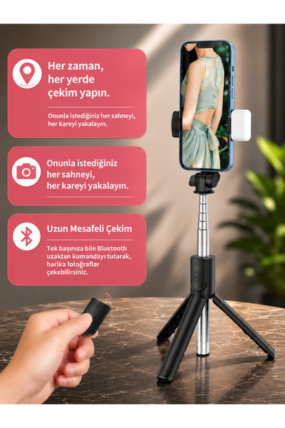 Deppo Trend Kablosuz Kumandalı Selfie Çubuğu Led Işıklı Katlanabilr Hafif Kol...
