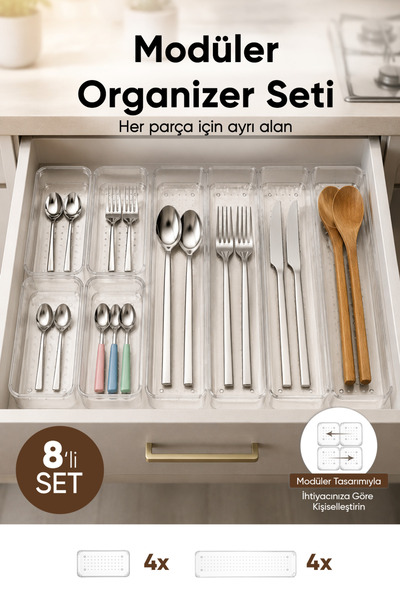 Vienev 8-Piece Modular Transparent Cutlery Set for Drawer Kitchen Cutlery Org...