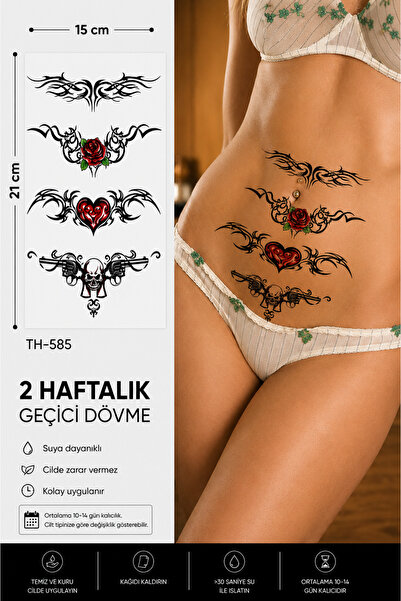 medink tattoo Kalp Gül Tribal Desenli Bel Göbek Sırt Geçici Dövme Tattoo