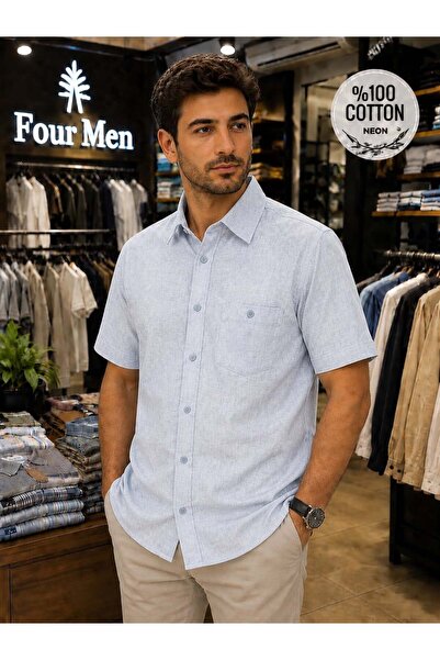 EREN STYLE Linen Classic 100% Cotton Short Sleeve Anti-Sweat Shirt