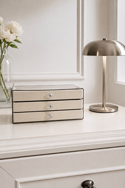 Meturas 3-Drawer Jewelry and Makeup Organizer 23X14 cm – Cream Velvet Jewelry...