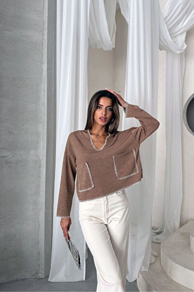 VERYMODA Coffee-Colored Shepherd Stitched Knitwear Blouse F1652 |   F1652