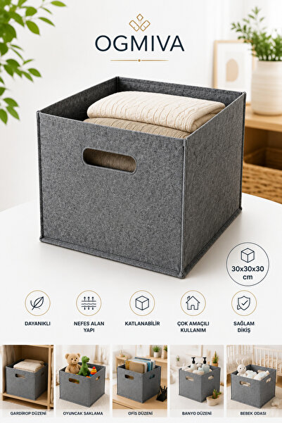 OgMiva Keçe Organizer Kutu 30x30x30 cm Katlanabilir Çok Amaçlı Düzenleyici Se...