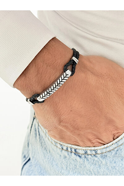 FERRO Silver and Black Leather Steel Men's Bracelet Frj10215B-J 2 Year Warran...