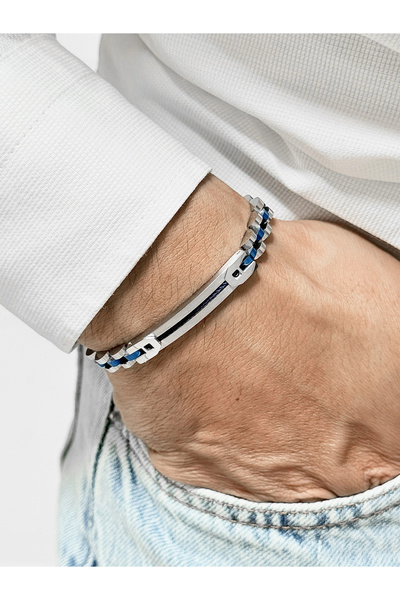 FERRO Silver and Navy Blue Steel Men's Bracelet Frj10194A-L 2 Year Warranty G...