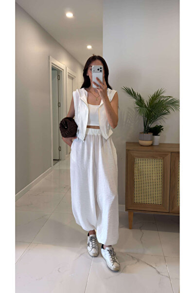 BİRCANÇİL Selay Ecru Hooded Vest and Pants Set