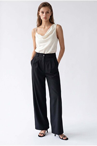 Mixray 2186 Women's High Waist Double Pleated Palazzo Trousers Black