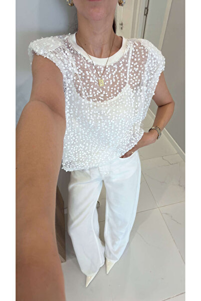 BİRCANÇİL Widna White Sequined Padded Athlete Blouse