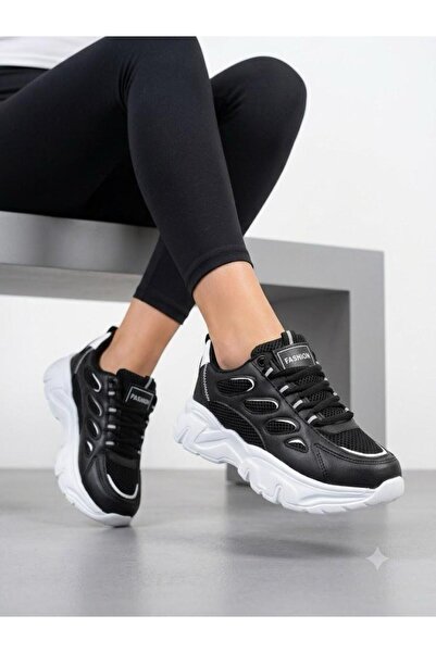 Lütfi Women's Black Sneaker Thick Sole Ultra Light Orthopedic Sole Walking Shoes