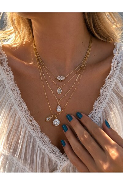 GLARE JEWELRY CO قلادة ذهبية بحجر الزركون بتصميم ماركيز مع سلسلة ذهبية مفصلة ...