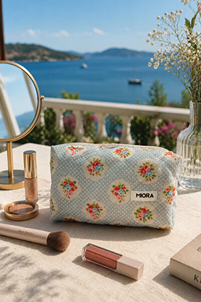 MIORA BAG Mavi Çıtır Çiçekli Kapitone Makyaj Çantası Kozmetik Organizer-Düzen...