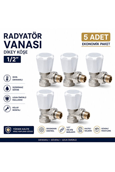 DESIPHON Pirinç Radyatör Vanası Dikey Köşe 1/2 İnç Beyaz Başlıklı Kalorifer P...