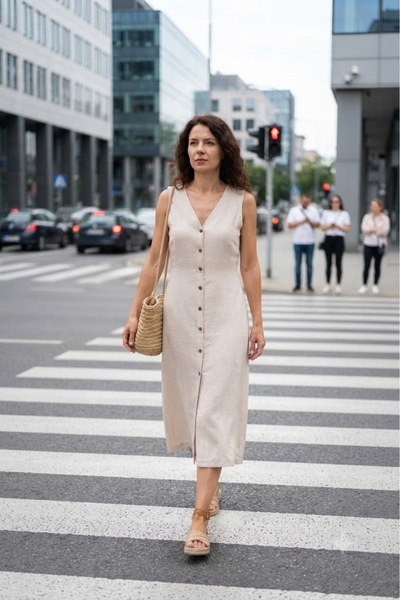 AYASOFYA OTANTIK Women's Button Closure Sleeveless Midi Linen Dress