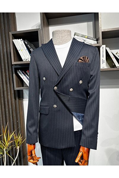 leonmen Double-Breasted Striped Slim Fit Suit Men's Sporty Navy Blue
