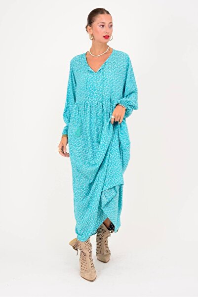 Hazinedan Women's Pompom Crispy Floral Long Sleeve Hijab Dress