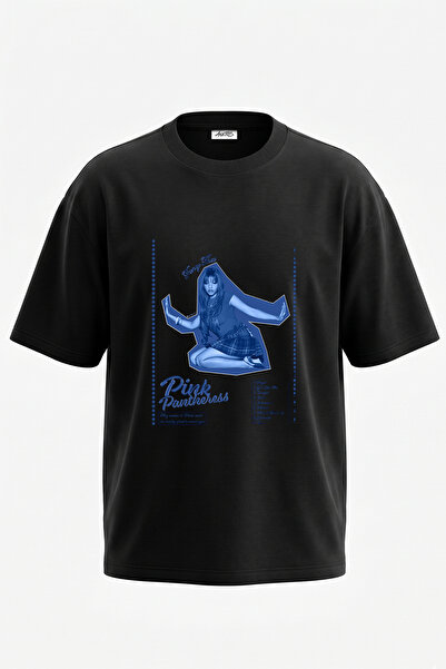 Anetos Pink Pantheress_6 Design Printed Oversize Black T-Shirt