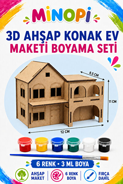 Minopi 3D Ahşap Konak Evi Maketi Boyama Etkinlik Aktivite Seti 6 Renk Boya ve...