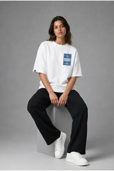 G03085 Baskılı Beyaz Oversize T-shirt