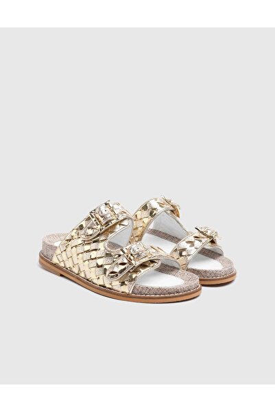 İLVİ Norya Genuine Printed Leather Women's Gold Color Slippers