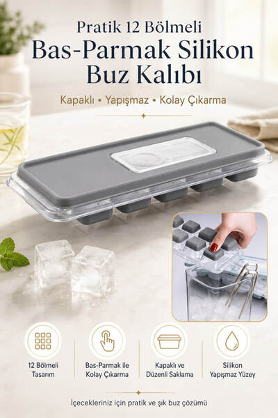 Anadolu Saray 12 Bölmeli Kapaklı Bas-Parmak Silikon Buz Kalıbı Kolay Çıkarıla...