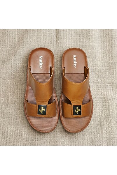Lucky Steps Men's Wide Fit Faux Leather Slide Sandals Golden Emblem Non-Slip ...