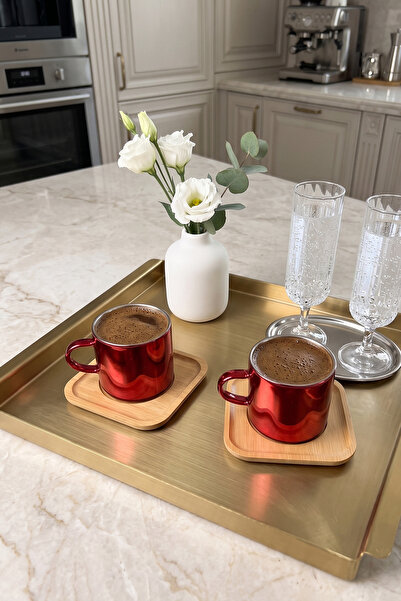 Kitchen Life 4 Parça 2 Kişilik Bambu Altlıklı Metalik Kırmızı Cam Kahve Finca...