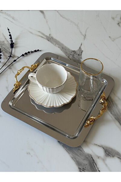 Melinda home Lunea Gold Kulplu Kare Gümüş Sunum Servis Tepsisi (21x21cm)