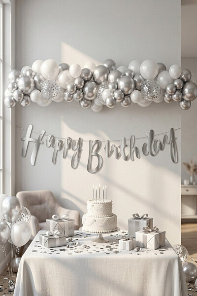 Bimotif Happy Birthday Gümüş Kaligrafi Banner (Doğum Günü Parti Süsü)