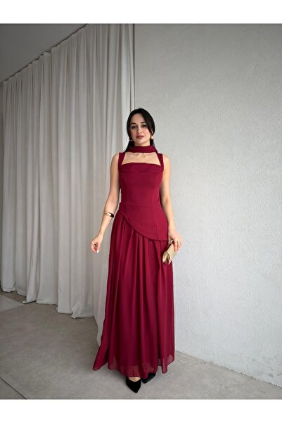 Mooi Butik Mi̇mosa Maxi Shawl Dress 8543 - Burgundy