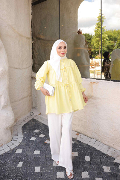 İmajButik Sarı Kol Lastikli Önü Bağlamalı Gömlek