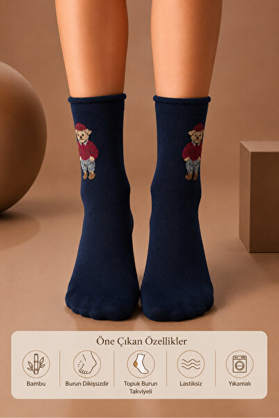 AYQAANDCO Unisex Bambu Ayıcık Desenli Lacivert Soket Çorap