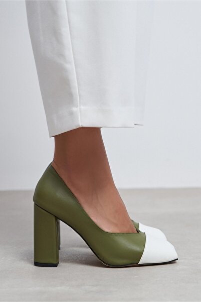 NİŞANTAŞI SHOES Emily Khaki Matte White Toe Detailed Closed Back Thick Heeled...