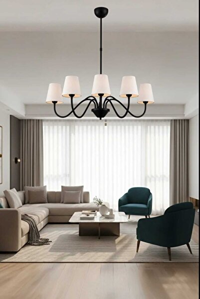 BSA LIGHTING MİRA 5'Lİ SİYAH MODERN AVİZE (KREM KONİK ABAJURLU) E27 DUYLU KLASİK ŞIK AVİZE