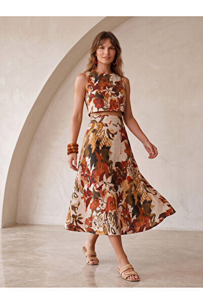 Catz Clothes Καφέ φλοράλ μίντι φούστα και αμάνικο τοπ σετ