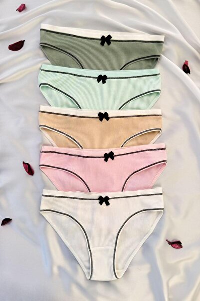 ANDİORA Women's 5-Piece Cotton Ribbed Slip Panties Set Basic Multi-Colored