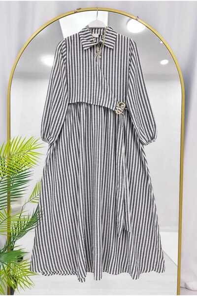 MODA VEDAT Women's Side Tie Buckle Detailed Striped Dress -0550