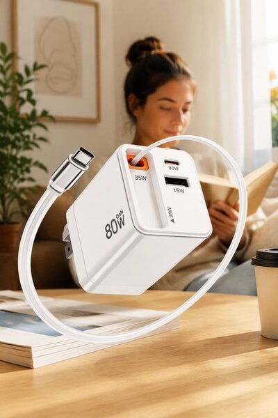 Generic شاحن سريع بثلاثة منافذ بقوة 80 واط مع منفذ USB-C وشاحن سفر قابل للطي ...