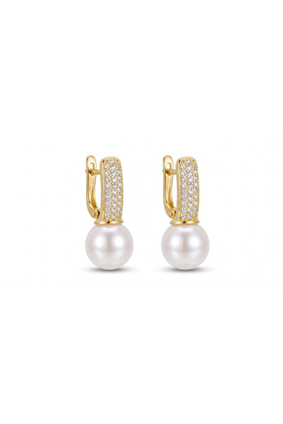 SAAF Jewelry Pearl Pave Bar Earrings, 14K Gold Plated Sterling Silver