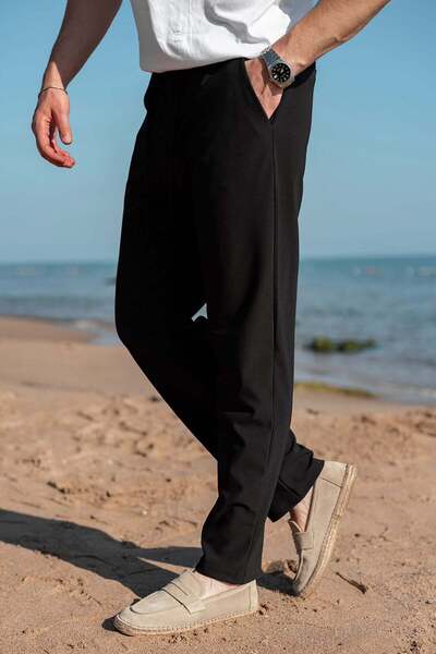 Madmext Crne opuštene jacquard muške pantalone sa elastičnim strukom E6593