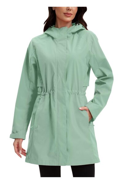 OEM Women's Waterproof Long Raincoat Hooded Lined Windbreaker – Grey-Green XL