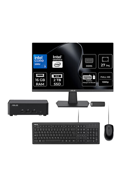 ASUS NUC14 Pro Slim Kit Intel Core 3-100U 16GB RAM 2TB SSD 27" Full HD Monitör FreeDOS RNUC14RVKI300002IP709 Mini Masaüstü Bilgisayar + PER4 USB BELLEK